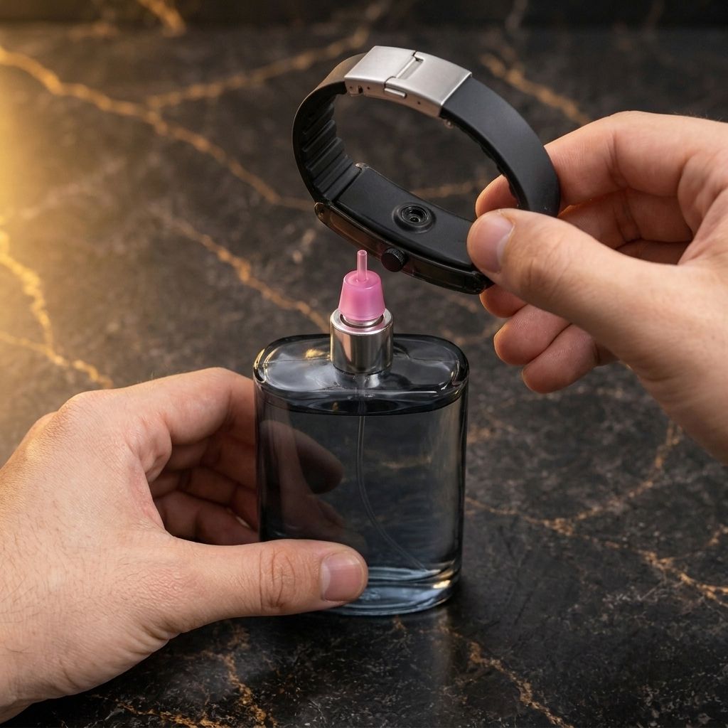 La pulsera a punto de presionarse sobre el adaptador rosa colocado en el frasco